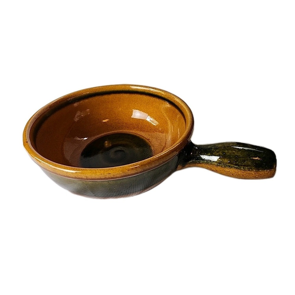 VTG Landert 20 MCM 70s Swiss Stoneware Fondue Pot Brown w/Moss Green Stripe EUC
